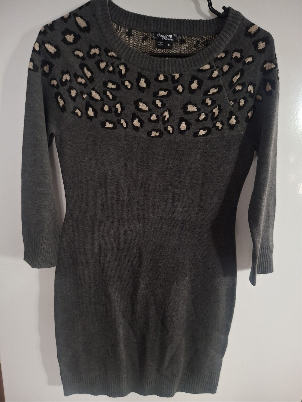 Sequin Hearts Charcoal Gray Sweater Dress with Leopard Yoke